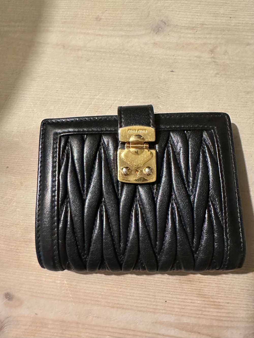 Miu Miu Black Quilted Matelassé Leather Wallet with Gold-Tone Lock